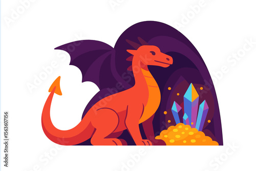 Colorful dragon guarding treasure in a mystical cave with sparkling crystals