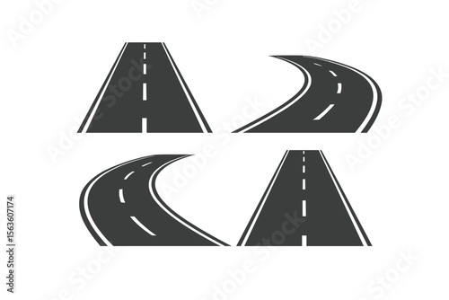 Detailed illustrations of curved and straight road segments showing different paths for navigation and driving