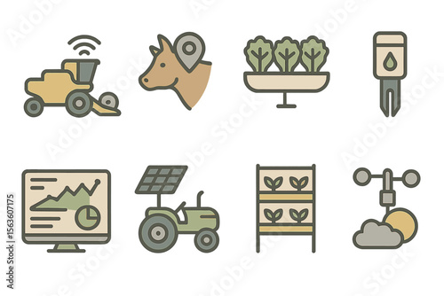 Modern agricultural technology icons representing innovation in farming practices and sustainable agriculture solutions