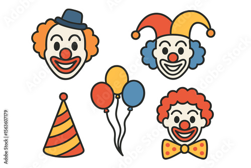 Colorful clown faces and festive elements create a cheerful atmosphere for celebrations and parties