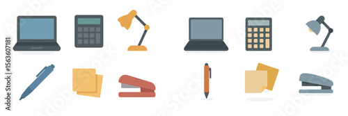 Office supplies and equipment displayed in a workspace setting during daylight hours