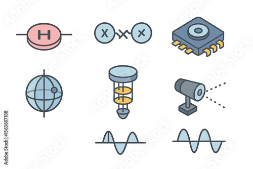 Illustration of scientific concepts and technology elements featuring symbols and designs related to physics and engineering