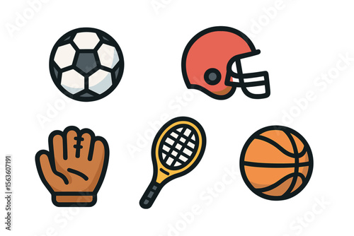 Various sports equipment illustrating soccer, football, baseball, tennis, and basketball showcased on a plain background