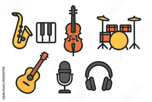 Various musical instruments displayed together in a vibrant and creative illustration setting