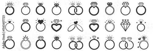 Wedding and engagement ring icon collection with diamond illustrations symbolizing love and marriage, great for invitations, branding, and romantic projects

