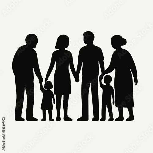 Warm silhouette of an extended family holding hands, symbolizing love and generational unity. Ideal for family bonding, togetherness, and heritage themes.