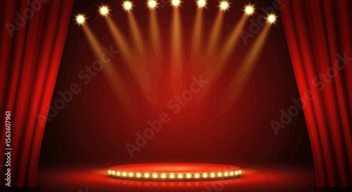 Stage with Red Curtains and Lights Illuminating a Circular Platform Center