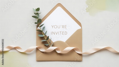 Elegant invitation with eucalyptus branch and satin ribbon on a textured background
