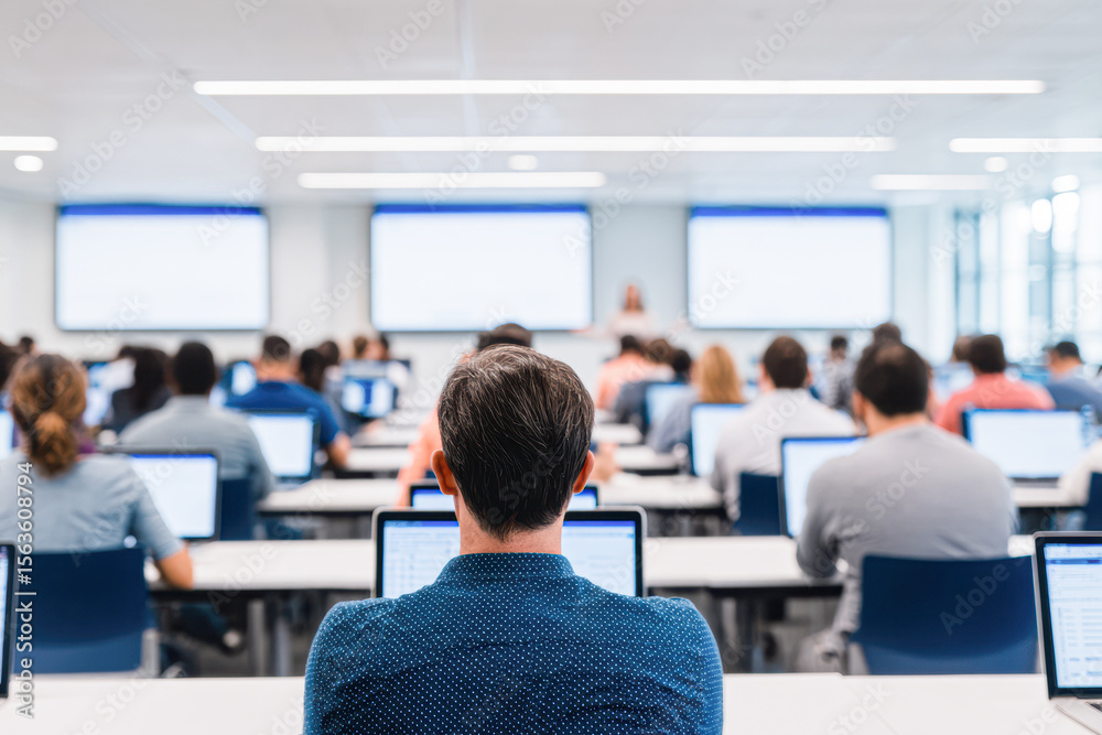 Fototapeta premium Students sit in a modern classroom, all focused on laptops, facing large screens at the front during a lecture or exam session.
