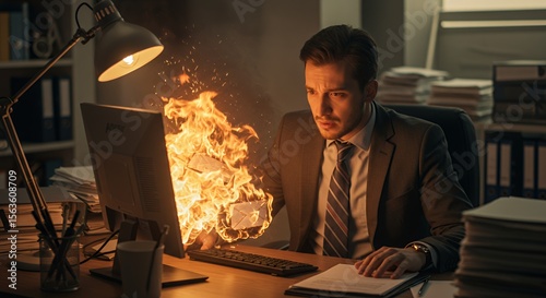 Overwhelmed businessman watches emails burn in flames on his computer screen in a dimly lit office.