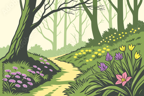 Forest Path with Spring Blossoms – Vector