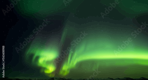 Spectacular Aurora Borealis Display over Dark Sky with Distant Mountains