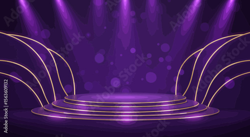 Elegant purple stage with golden accents, perfect for product displays and presentations