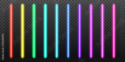 Laser and luminous neon light sticks. Neon led light tubes. Fluorescent  yellow, orange, red, pink, blue, purple, violet, green, lime glowing. Vector illustration on transparent background