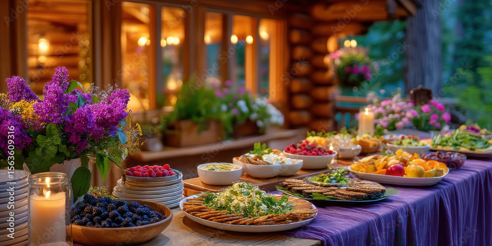 Fototapeta premium Potluck table with fresh berries, crackers, cheese, and flowers creating warm and inviting outdoor dining scene