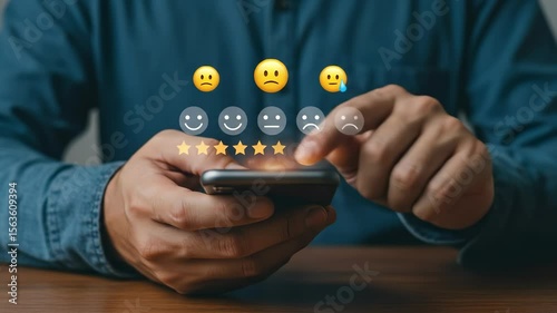 Wallpaper Mural Feedback on mobile phone by adult man on wood desk providing user experience satisfaction stars review. Torontodigital.ca