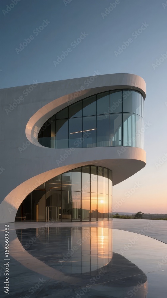 Fototapeta premium Modern Architectural Structure with Curved Glass Facade Reflecting Sunset