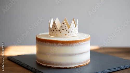 A simple naked cake adorned with a festive gold star paper crown