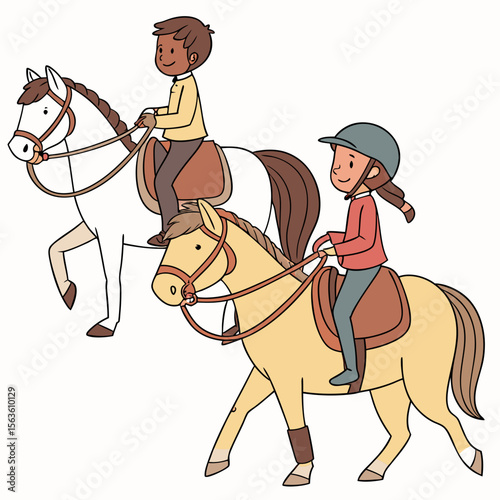Children riding horses together on a white background equestrian activity
