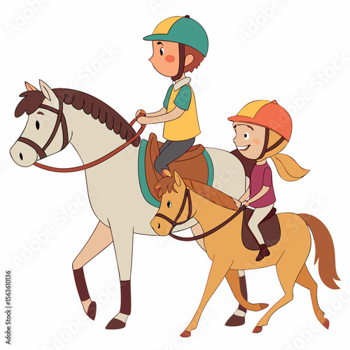 Children riding horses with colorful helmets and outfits equestrian