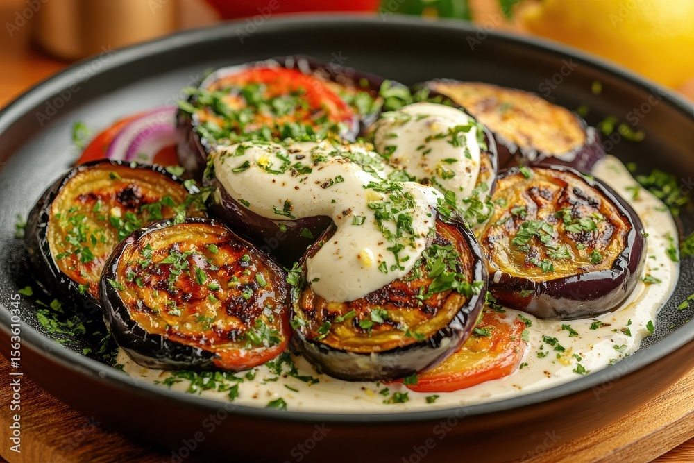Grilled Eggplant with Creamy Sauce and Fresh Herbs on Plate Grilled Eggplant with Creamy Sauce and Fresh Herbs on Plate