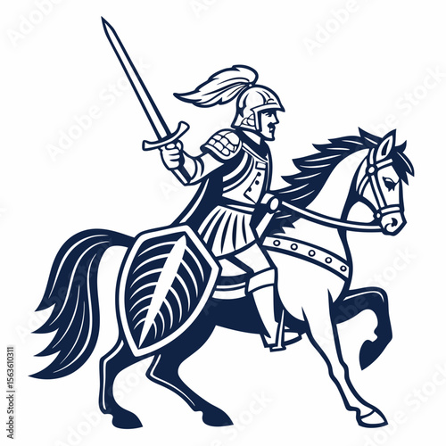 Dark blue knight on horseback with sword and shield armor