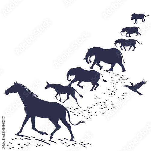 Dark blue silhouettes of animals running across white herd elephants