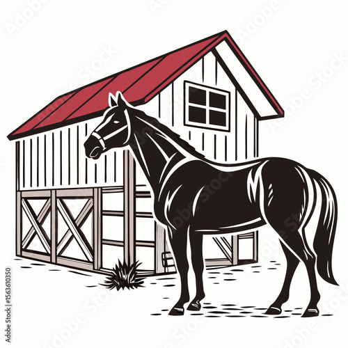 Dark horse standing beside red roofed barn farm animal