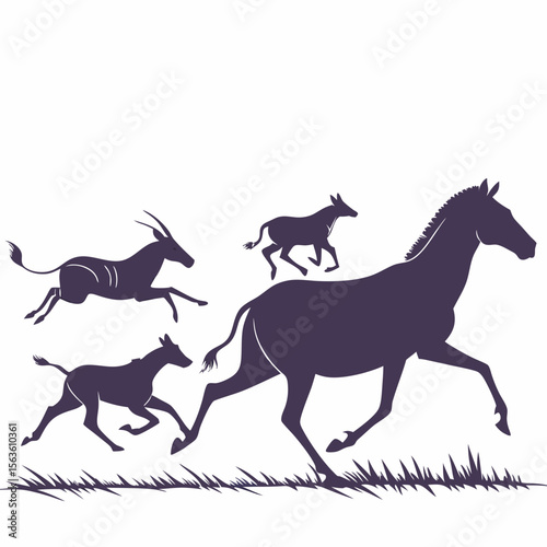 Dark purple silhouettes of antelope and horse running across grassy plain zebra herd