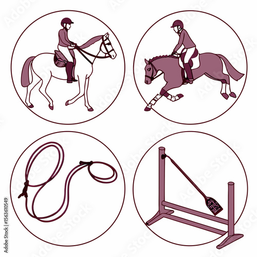 Equestrian training icons horse rider jumping horse tack and obstacle riding