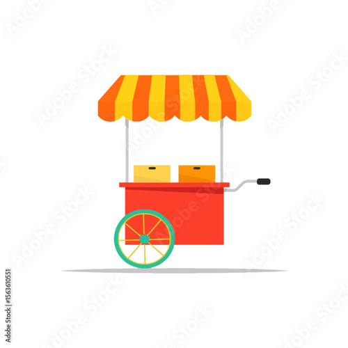 Colorful food cart with awning and wheels isolated on white background