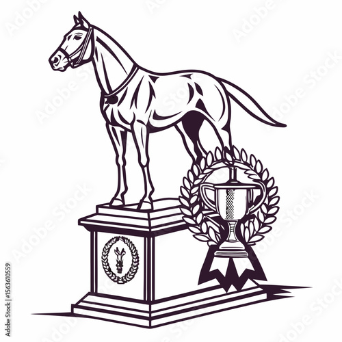 Equestrian trophy award on pedestal with laurel wreath horse