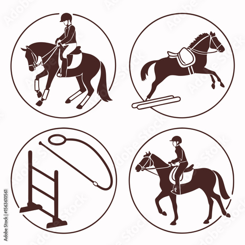 Equestrian training icons with horses and riders jumping