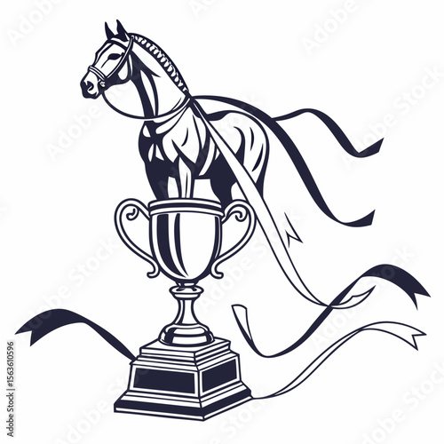 Equestrian trophy with horse and flowing ribbons award