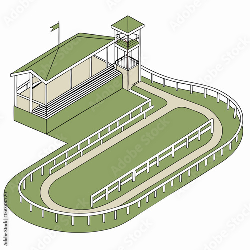 Green horse racing track with grandstand and observation tower racetrack green grass