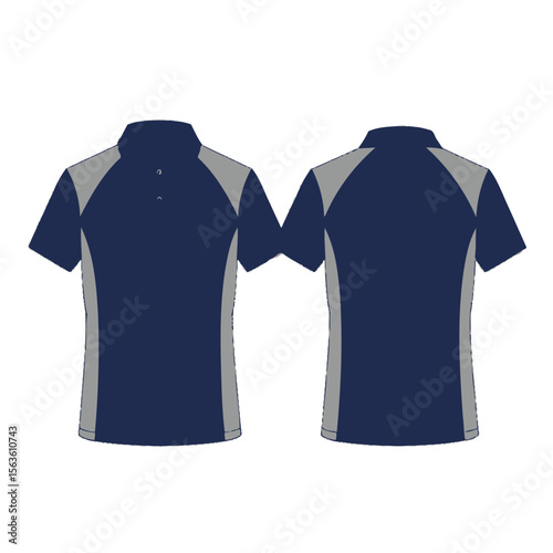 Front and back view of a navy blue and grey short sleeve polo shirt isolated on white background