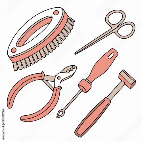 Grooming tools brush scissors hoof pick nippers screwdriver horse care