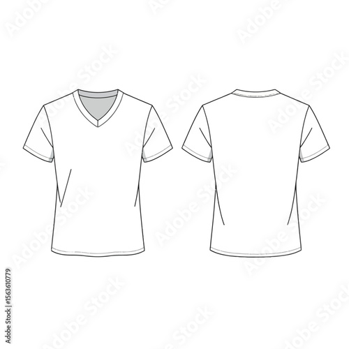 Front and back view of a plain white v neck t shirt isolated on white background