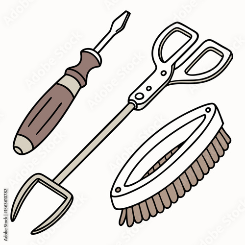 Grooming tools including a brush tongs and screwdriver horse grooming horse care