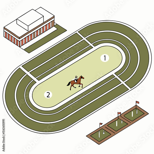 Horse racing track with jockey and grandstand vector