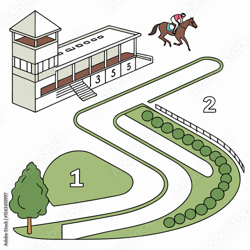 Horse racing track with jockey and grandstand vector