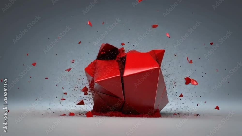 Red Geometric Shape Explodes Shatters and Transforms into Debris.
