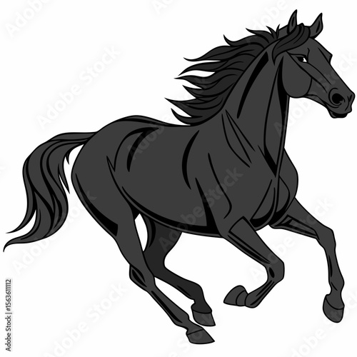 Majestic black horse galloping powerfully stallion running