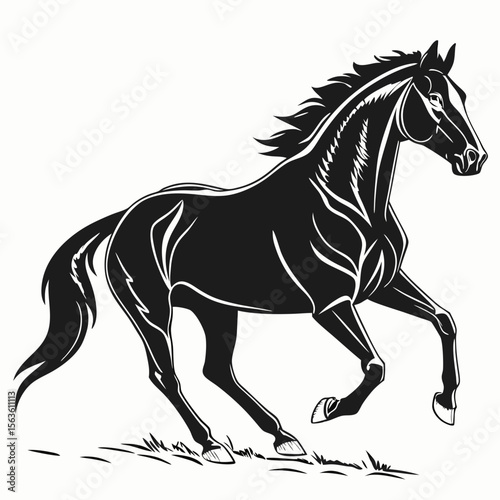 Majestic black stallion galloping across a white expanse horse running