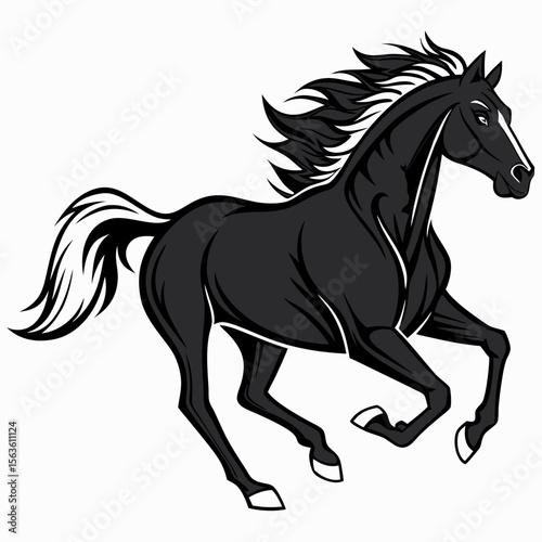 Majestic black stallion galloping with flowing mane and tail black horse running
