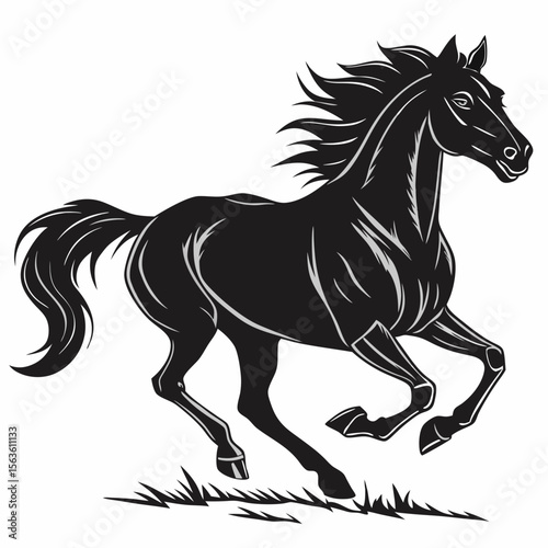 Majestic black stallion galloping across grassy field black horse running