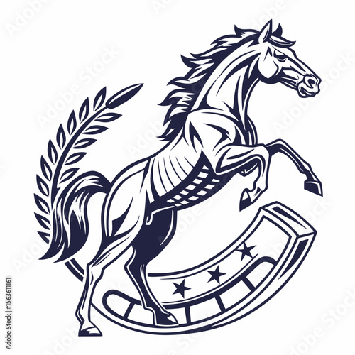 Majestic dark blue horse rearing over horseshoe and laurel wreath vector