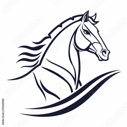 Majestic dark horse head with flowing mane and abstract curves equine animal