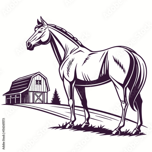 Majestic horse standing near a rustic barn on a grassy hill equine farm