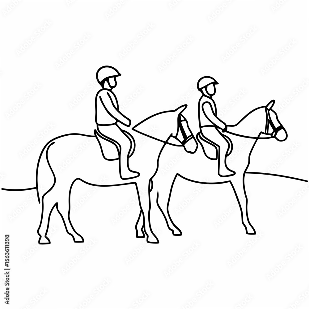 Fototapeta premium Two children riding horses in a simple outline style equestrian sport